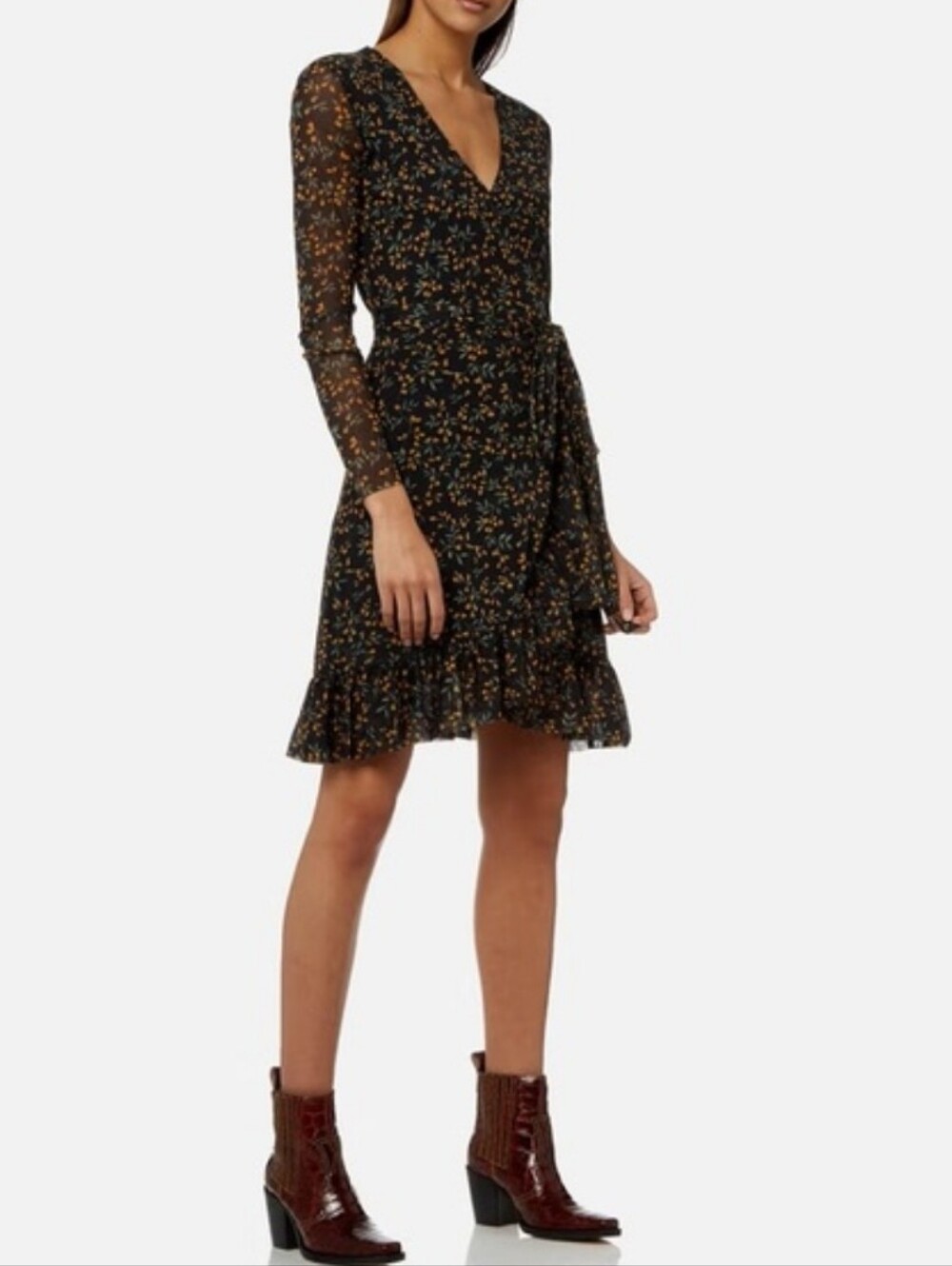 GANNI Women's Tilden Mesh Wrap Ruffled Hem Dress! Size 38 US 6